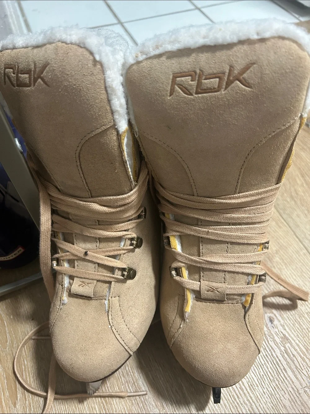 Reebok Women's Tan Suede Ice Skates with wool lining.